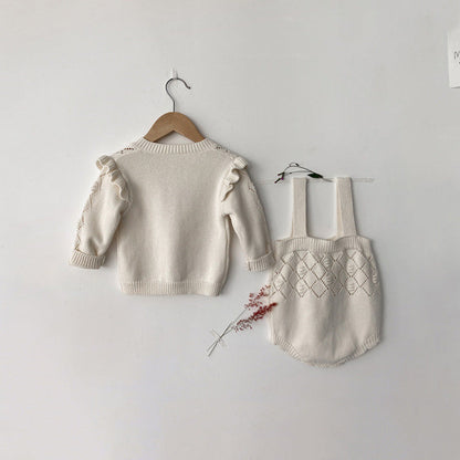 MyKids-USA® Autumn Baby Kids Girls Long Sleeves Flowers Pattern Cardigan and Hollow-out Strap Overalls Onesies Knitted Clothing Set