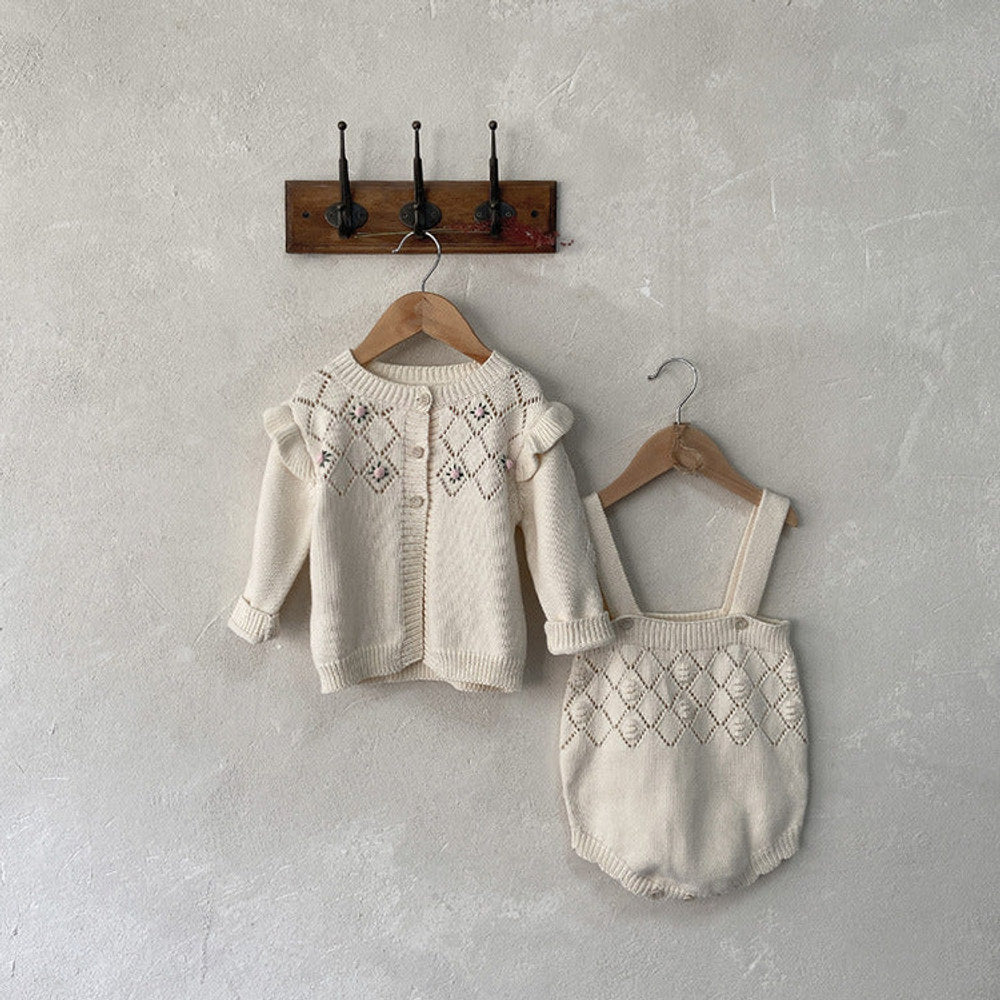 MyKids-USA® Autumn Baby Kids Girls Long Sleeves Flowers Pattern Cardigan and Hollow-out Strap Overalls Onesies Knitted Clothing Set