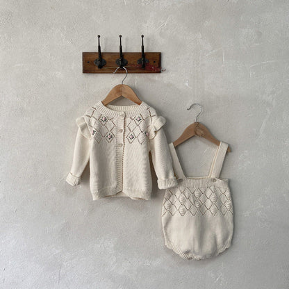 MyKids-USA® Autumn Baby Kids Girls Long Sleeves Flowers Pattern Cardigan and Hollow-out Strap Overalls Onesies Knitted Clothing Set
