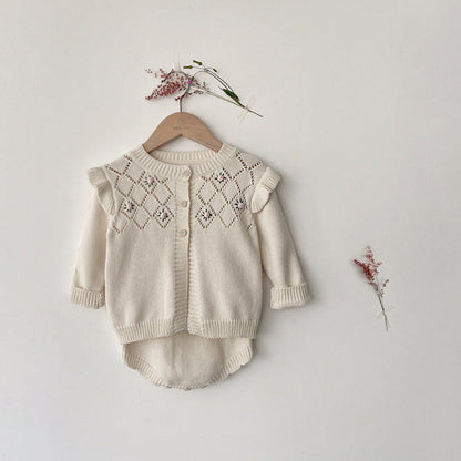 MyKids-USA® Autumn Baby Kids Girls Long Sleeves Flowers Pattern Cardigan and Hollow-out Strap Overalls Onesies Knitted Clothing Set