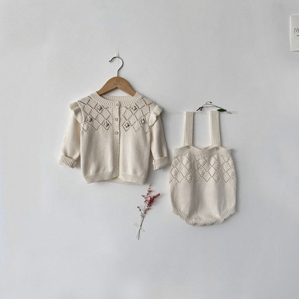 MyKids-USA® Autumn Baby Kids Girls Long Sleeves Flowers Pattern Cardigan and Hollow-out Strap Overalls Onesies Knitted Clothing Set