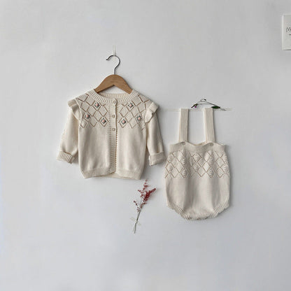 MyKids-USA® Autumn Baby Kids Girls Long Sleeves Flowers Pattern Cardigan and Hollow-out Strap Overalls Onesies Knitted Clothing Set