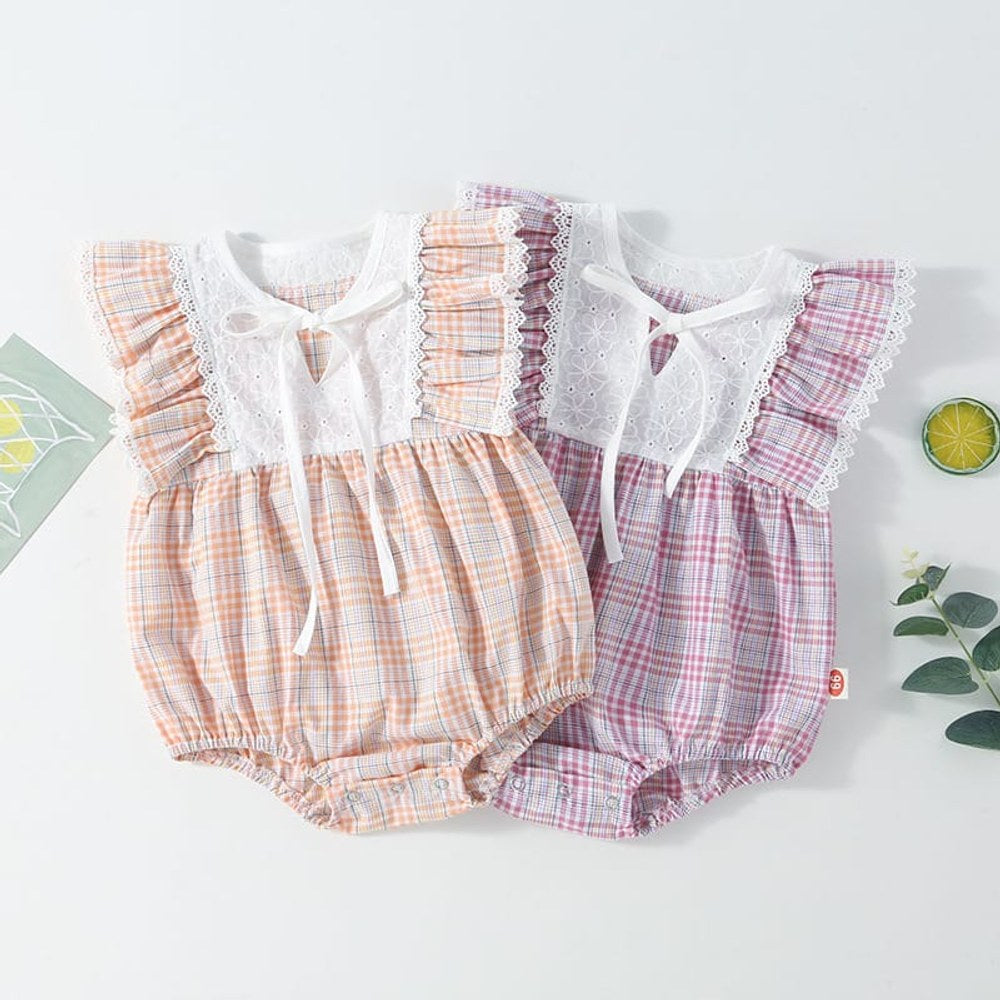 Baby Girl Patchwork Pattern Grid Design With Headband In Outfit Wearing