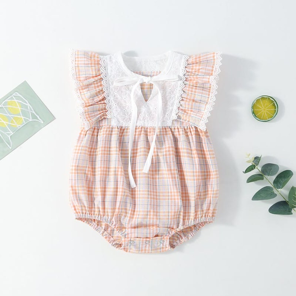 Baby Girl Patchwork Pattern Grid Design With Headband In Outfit Wearing