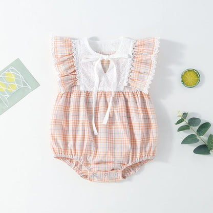 Baby Girl Patchwork Pattern Grid Design With Headband In Outfit Wearing