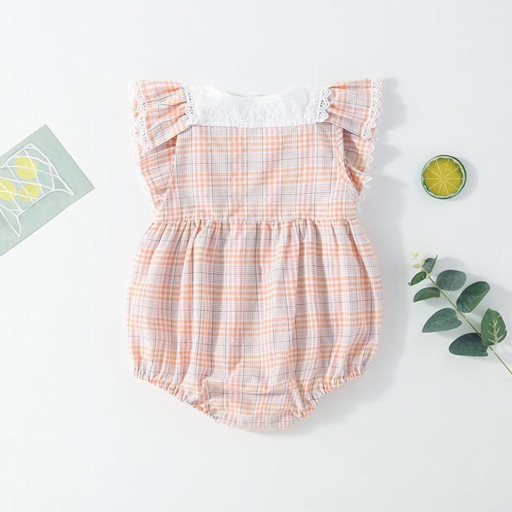 Baby Girl Patchwork Pattern Grid Design With Headband In Outfit Wearing