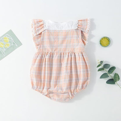 Baby Girl Patchwork Pattern Grid Design With Headband In Outfit Wearing