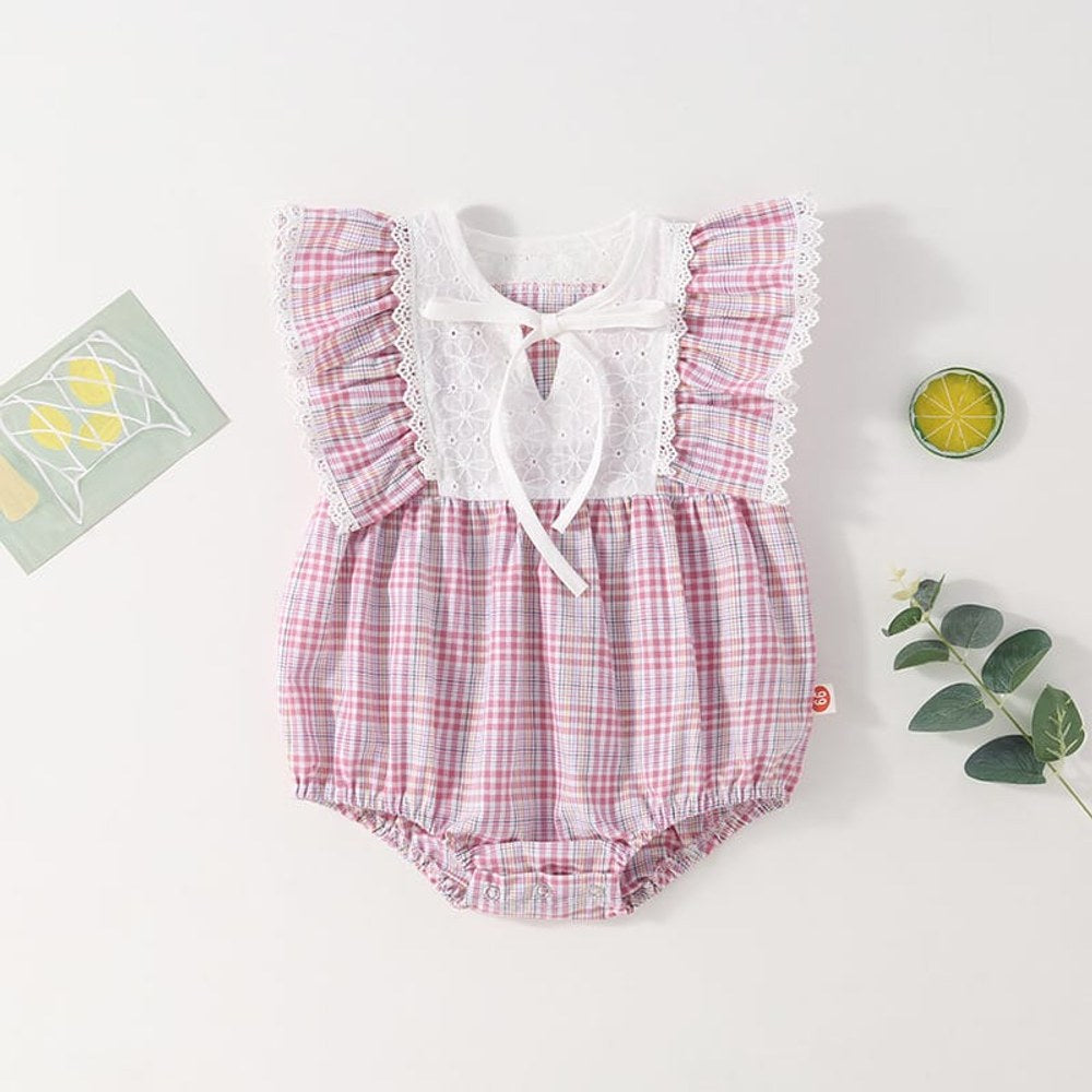 Baby Girl Patchwork Pattern Grid Design With Headband In Outfit Wearing