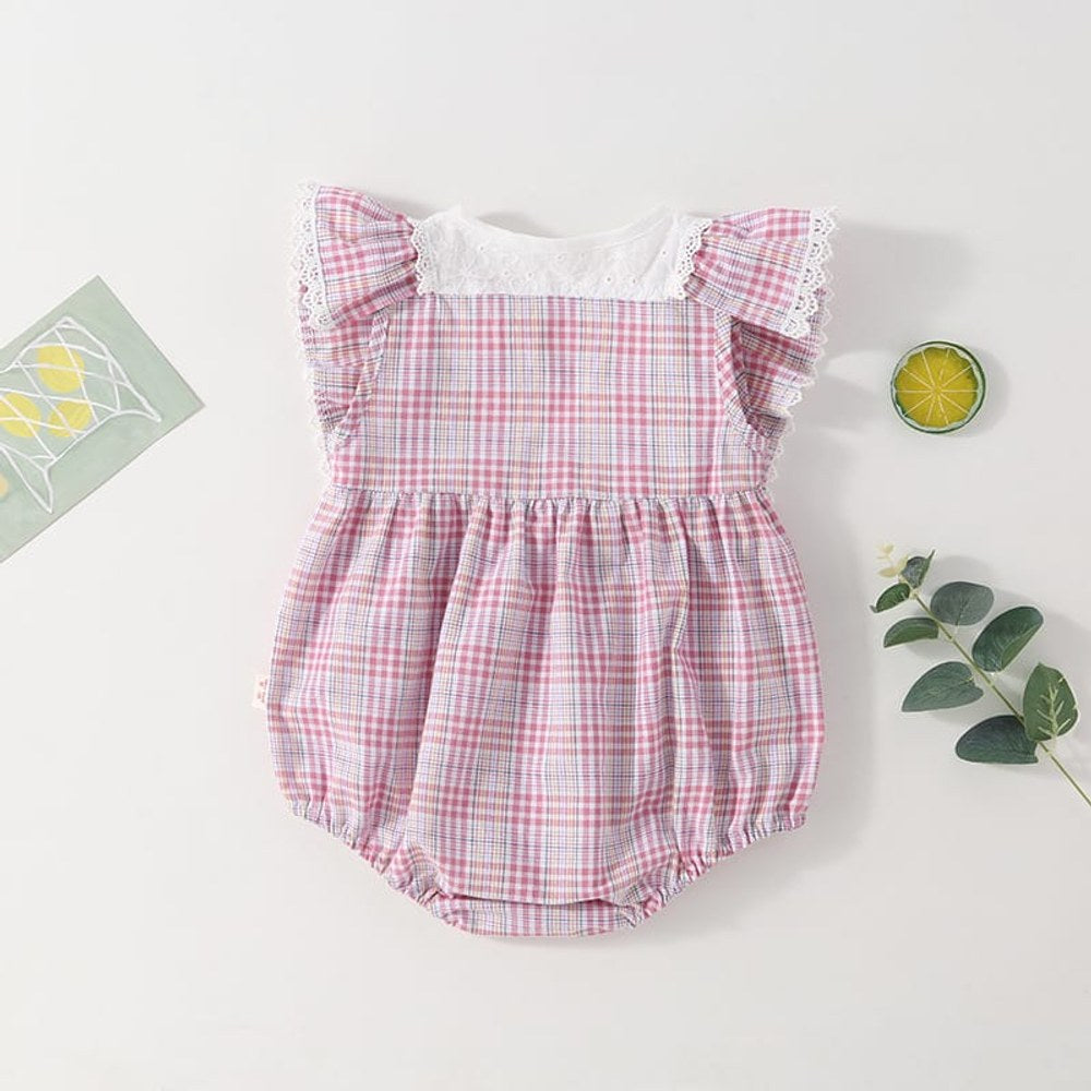 Baby Girl Patchwork Pattern Grid Design With Headband In Outfit Wearing