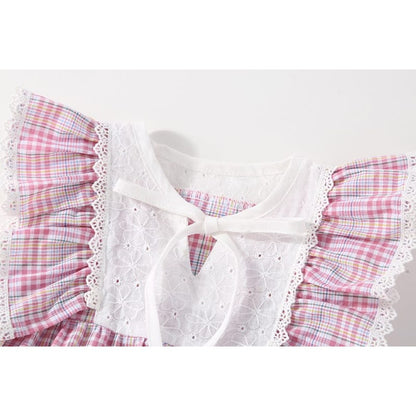 Baby Girl Patchwork Pattern Grid Design With Headband In Outfit Wearing