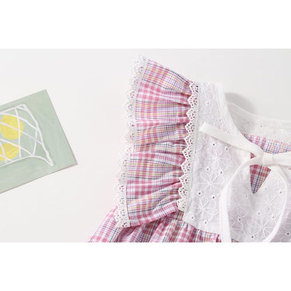 Baby Girl Patchwork Pattern Grid Design With Headband In Outfit Wearing