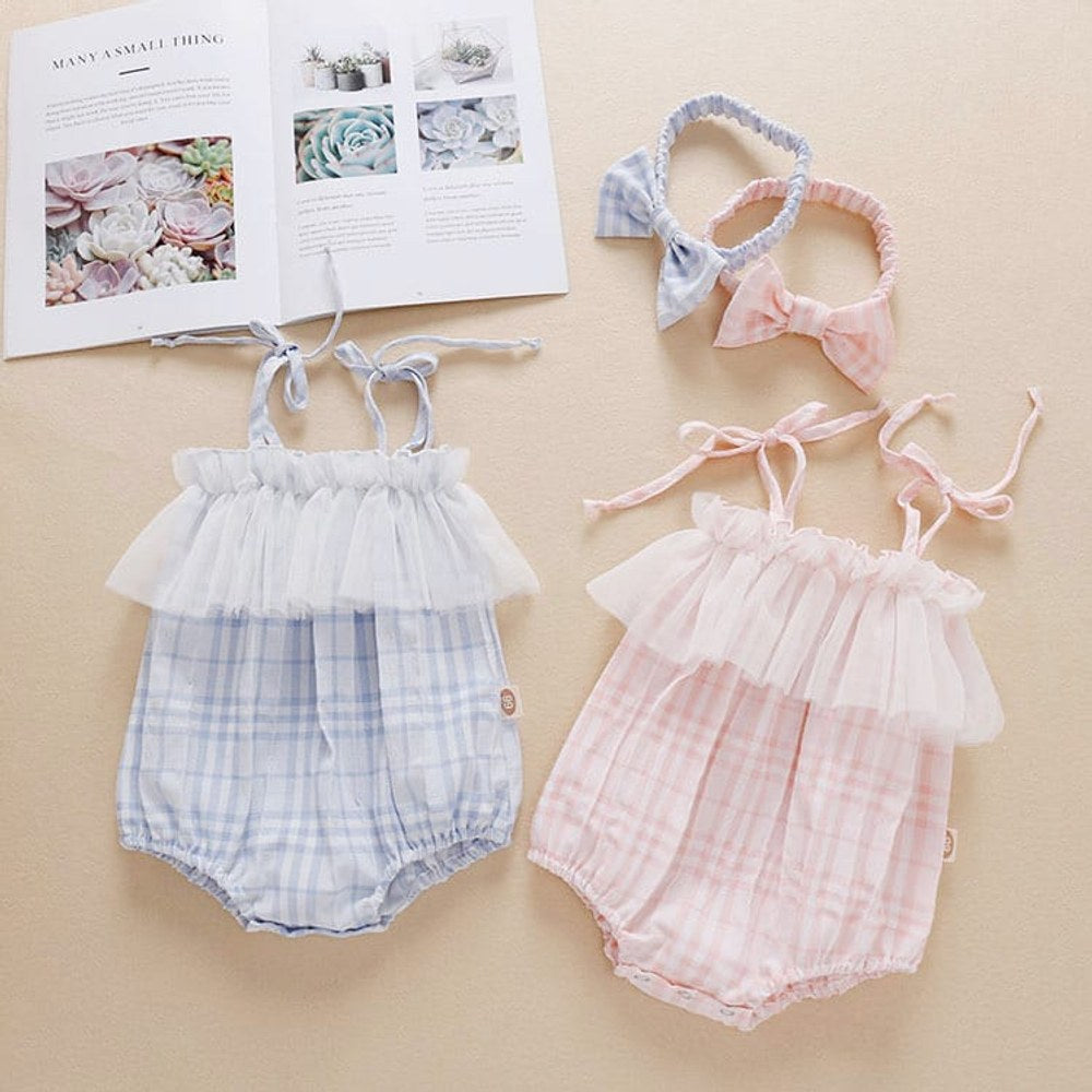 Baby Girl Mesh Patchwork Design Plaid Pattern Sleeveless Bodysuit With Headband