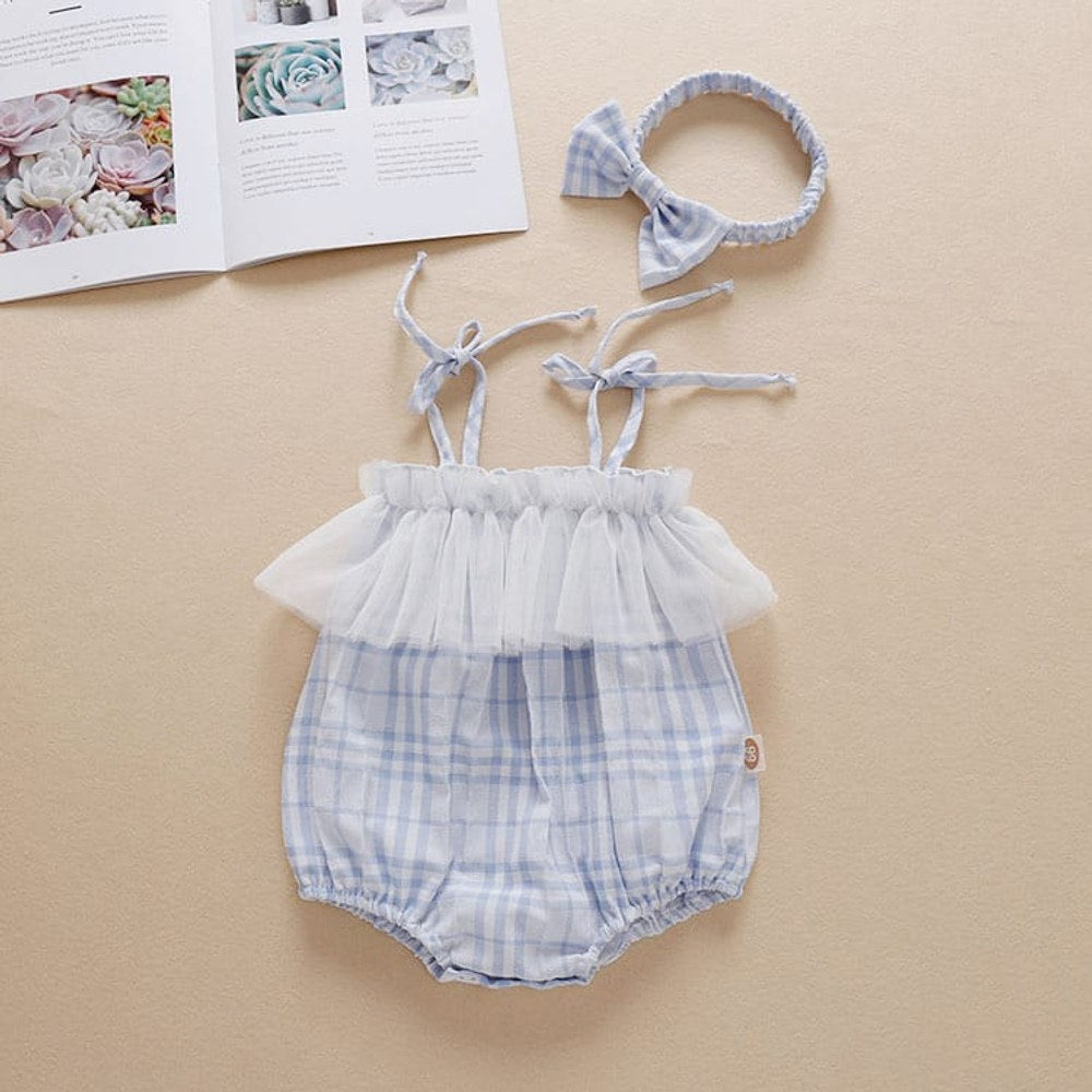 Baby Girl Mesh Patchwork Design Plaid Pattern Sleeveless Bodysuit With Headband