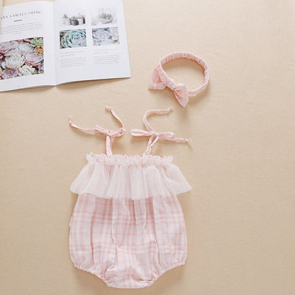 Baby Girl Mesh Patchwork Design Plaid Pattern Sleeveless Bodysuit With Headband