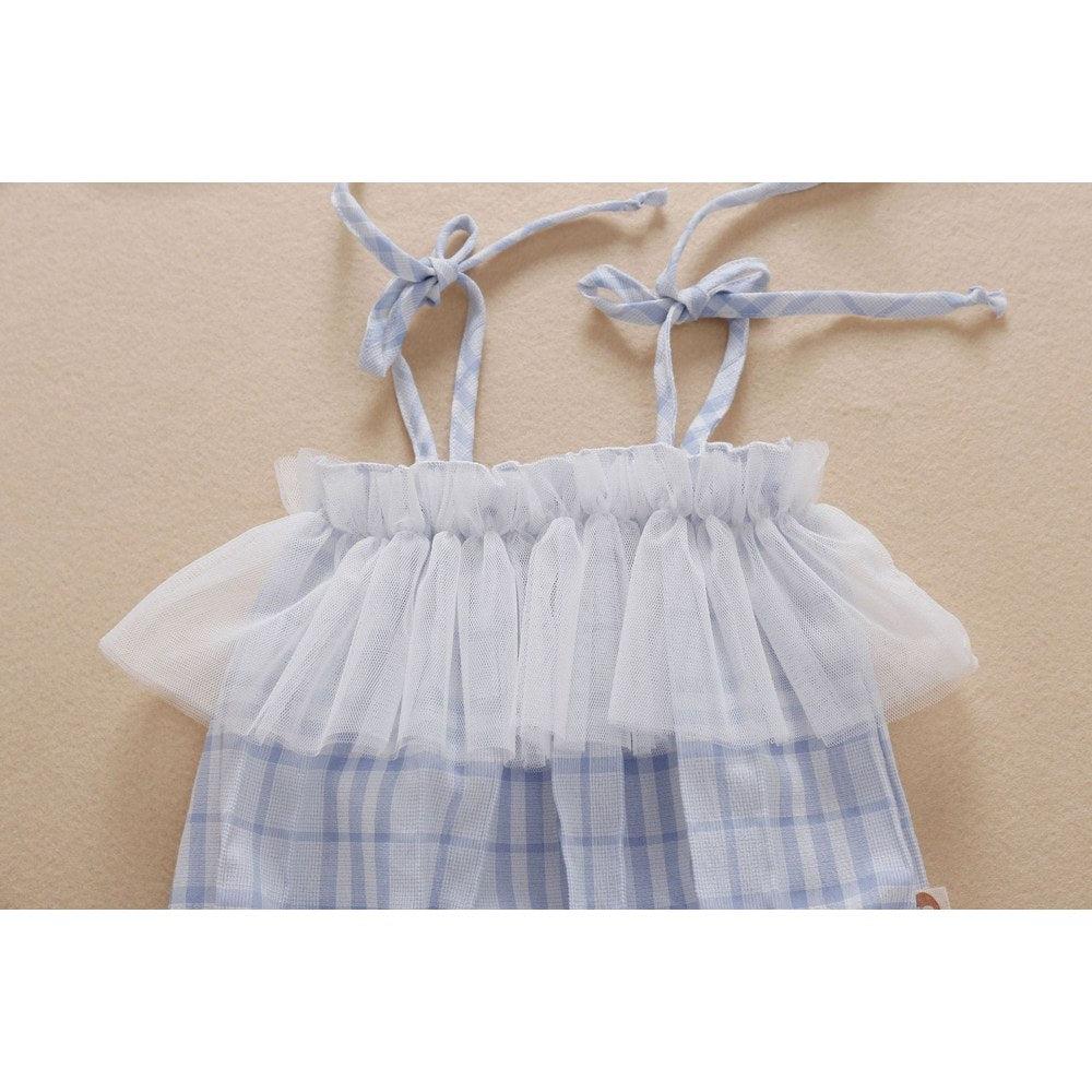 Baby Girl Mesh Patchwork Design Plaid Pattern Sleeveless Bodysuit With Headband