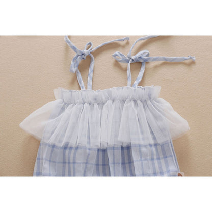 Baby Girl Mesh Patchwork Design Plaid Pattern Sleeveless Bodysuit With Headband