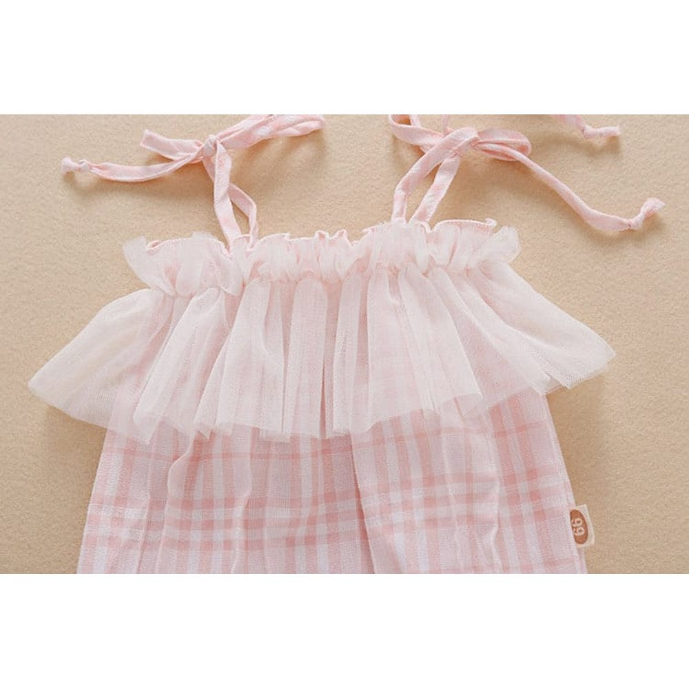 Baby Girl Mesh Patchwork Design Plaid Pattern Sleeveless Bodysuit With Headband