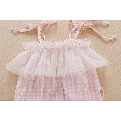 Baby Girl Mesh Patchwork Design Plaid Pattern Sleeveless Bodysuit With Headband