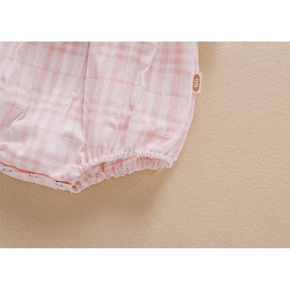 Baby Girl Mesh Patchwork Design Plaid Pattern Sleeveless Bodysuit With Headband