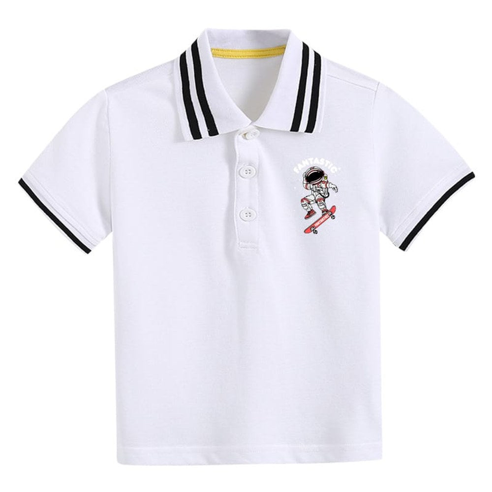 Baby Boy Astronaut Cartoon Print Turn-Down Collar Short-sleeved Tee Shirt With Button
