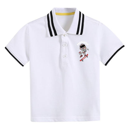 Baby Boy Astronaut Cartoon Print Turn-Down Collar Short-sleeved Tee Shirt With Button