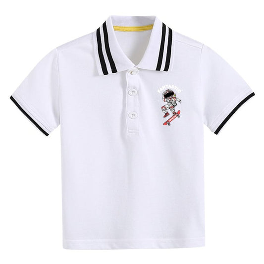 Baby Boy Astronaut Cartoon Print Turn-Down Collar Short-sleeved Tee Shirt With Button