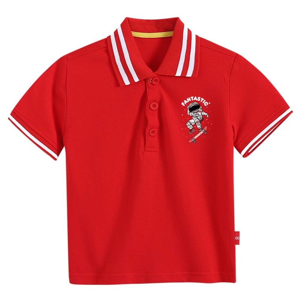 Baby Boy Astronaut Cartoon Print Turn-Down Collar Short-sleeved Tee Shirt With Button