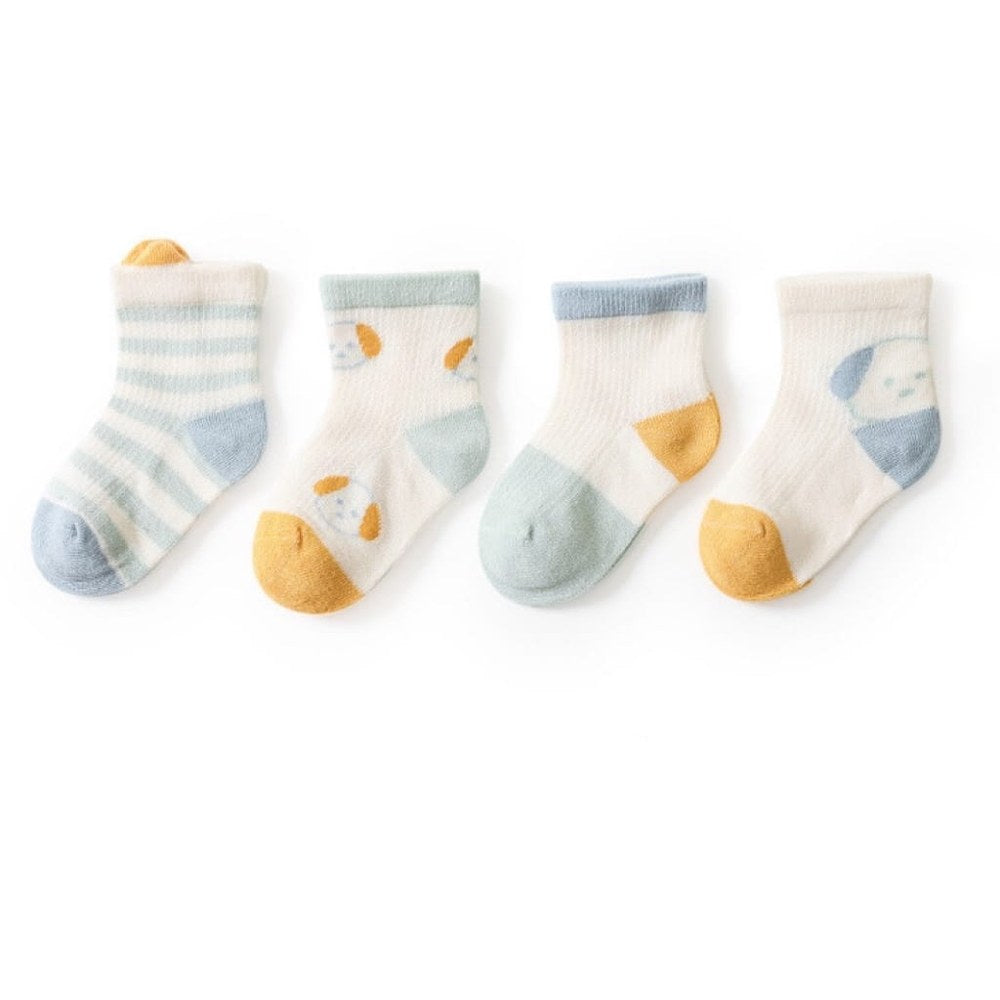 Kids Embroidered Pattern & Striped Pattern Breathable Socks 1lot =4pairs