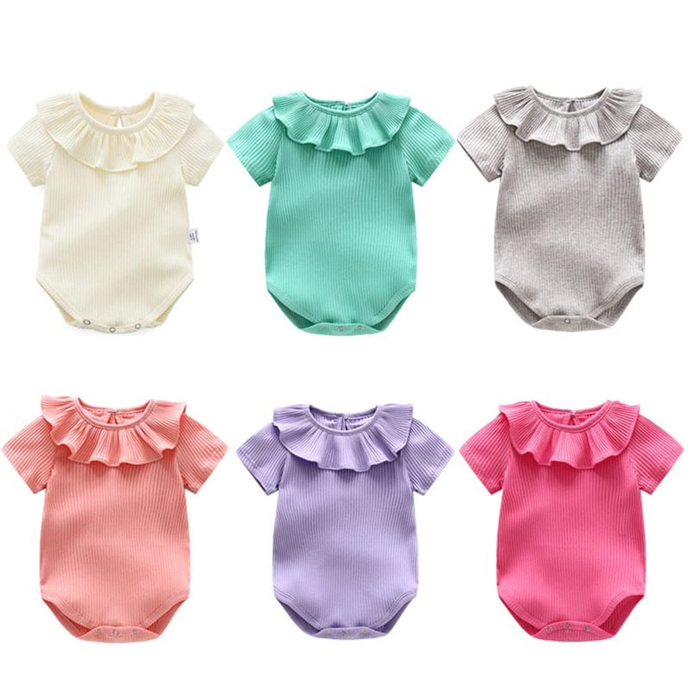 Baby Girl Solid Color Ruffle Design Short Sleeve O-Neck Bodysuit