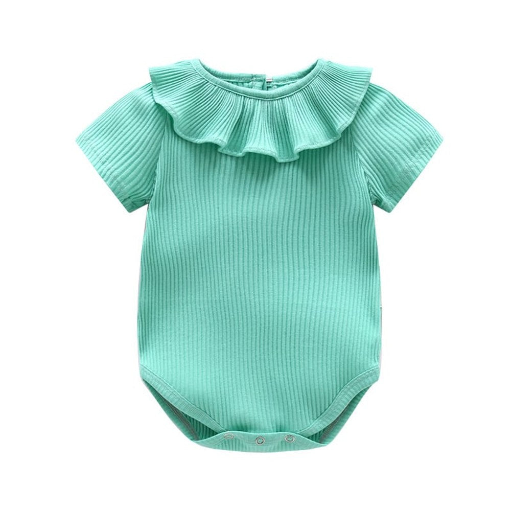 Baby Girl Solid Color Ruffle Design Short Sleeve O-Neck Bodysuit