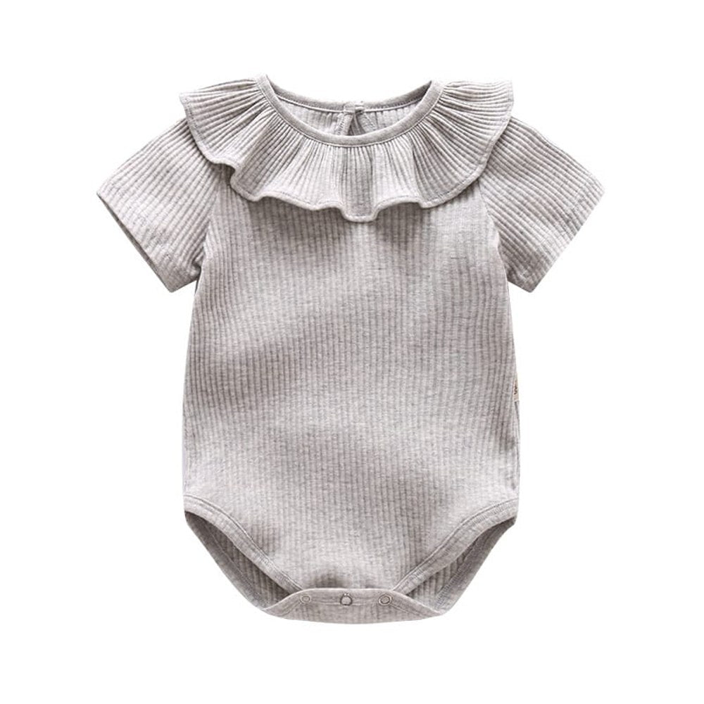Baby Girl Solid Color Ruffle Design Short Sleeve O-Neck Bodysuit