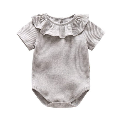 Baby Girl Solid Color Ruffle Design Short Sleeve O-Neck Bodysuit