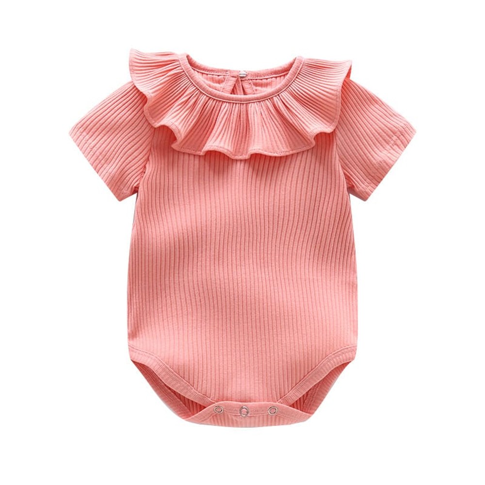 Baby Girl Solid Color Ruffle Design Short Sleeve O-Neck Bodysuit