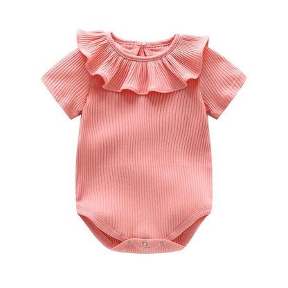 Baby Girl Solid Color Ruffle Design Short Sleeve O-Neck Bodysuit