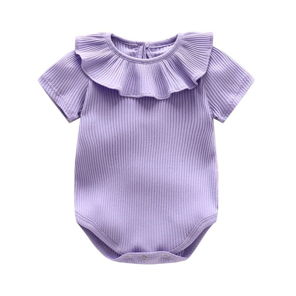 Baby Girl Solid Color Ruffle Design Short Sleeve O-Neck Bodysuit