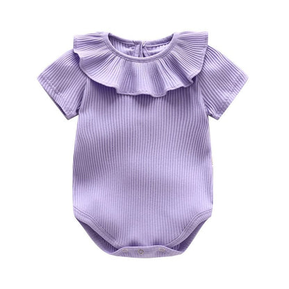 Baby Girl Solid Color Ruffle Design Short Sleeve O-Neck Bodysuit