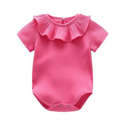 Baby Girl Solid Color Ruffle Design Short Sleeve O-Neck Bodysuit