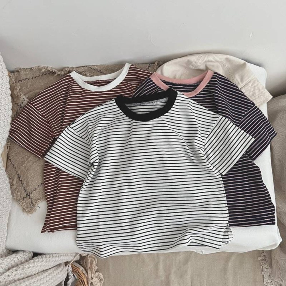 Baby Boy And Girl Striped Pattern Neck Color Matching Design O-Neck T-Shirt