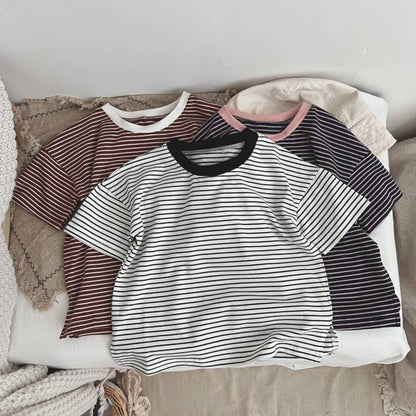 Baby Boy And Girl Striped Pattern Neck Color Matching Design O-Neck T-Shirt