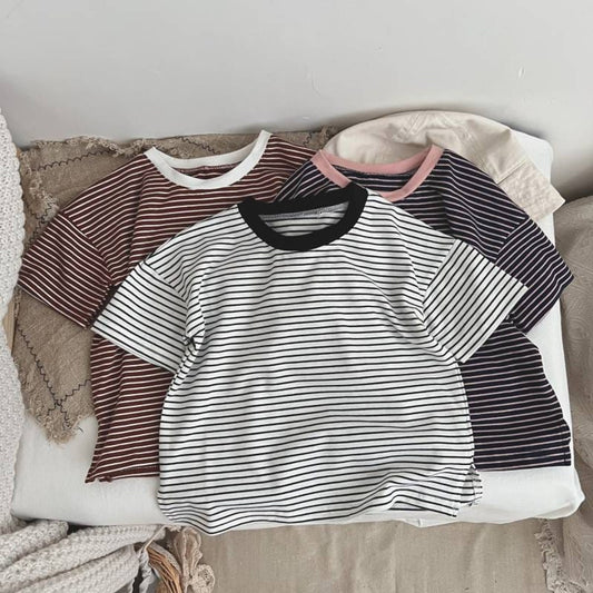Baby Boy And Girl Striped Pattern Neck Color Matching Design O-Neck T-Shirt