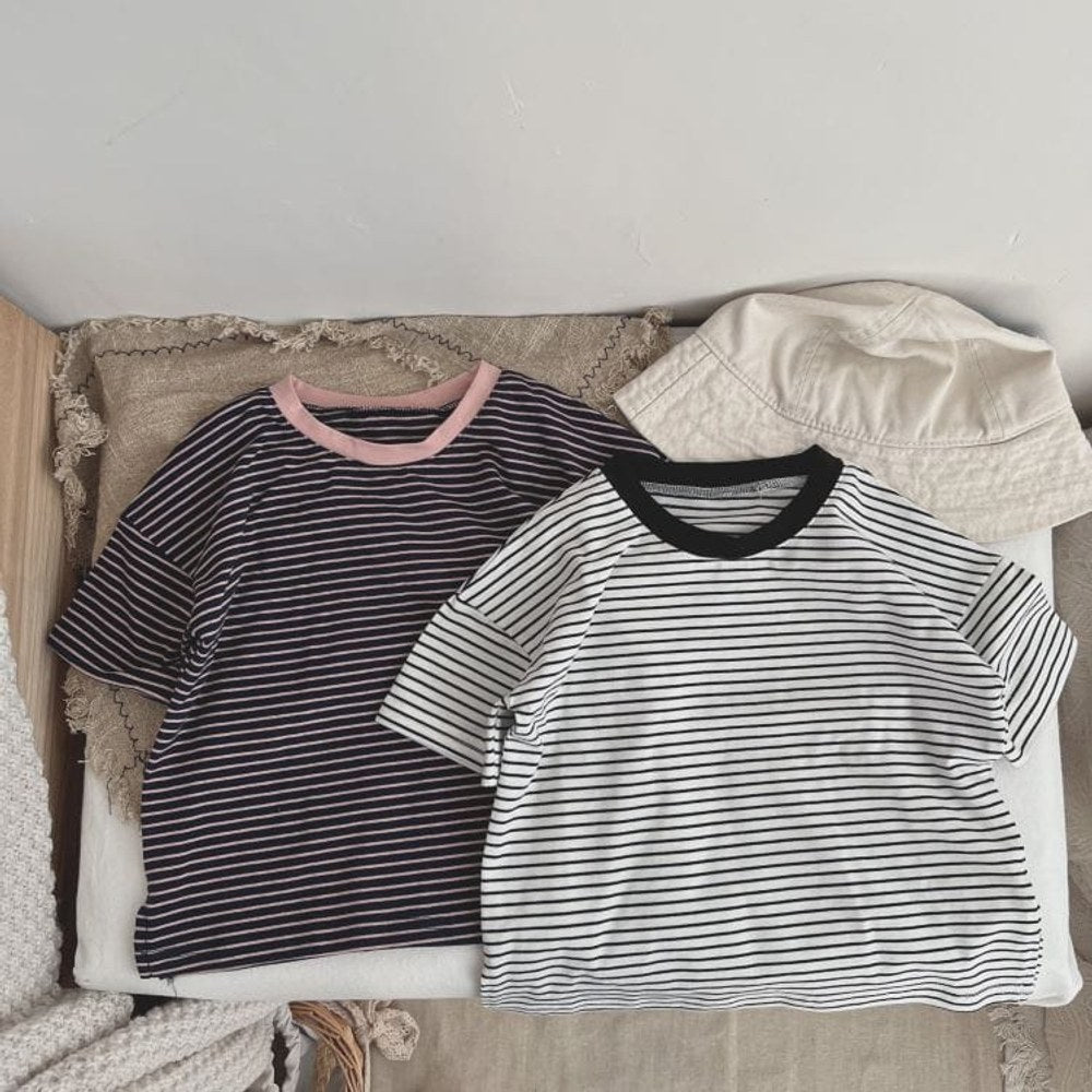 Baby Boy And Girl Striped Pattern Neck Color Matching Design O-Neck T-Shirt