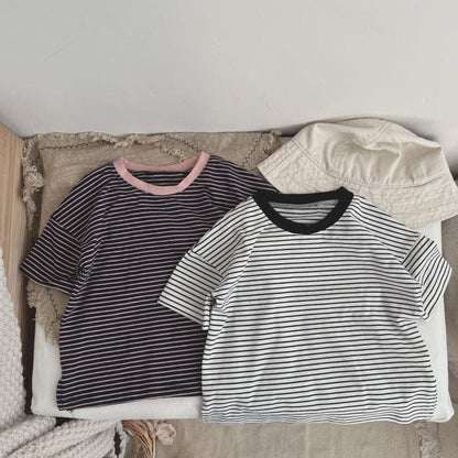 Baby Boy And Girl Striped Pattern Neck Color Matching Design O-Neck T-Shirt