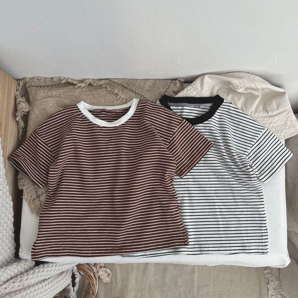 Baby Boy And Girl Striped Pattern Neck Color Matching Design O-Neck T-Shirt