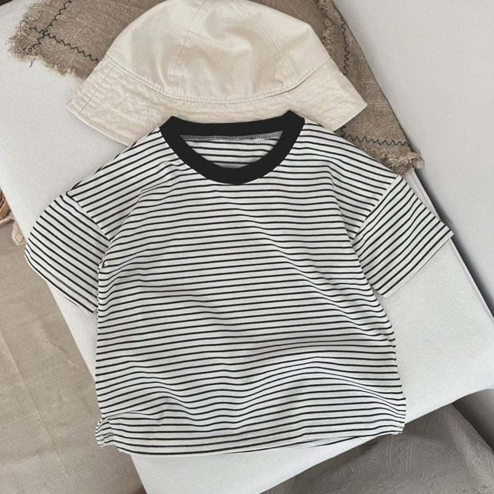 Baby Boy And Girl Striped Pattern Neck Color Matching Design O-Neck T-Shirt