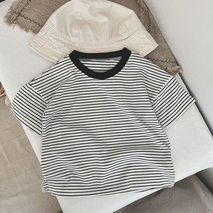 Baby Boy And Girl Striped Pattern Neck Color Matching Design O-Neck T-Shirt