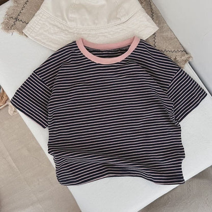 Baby Boy And Girl Striped Pattern Neck Color Matching Design O-Neck T-Shirt