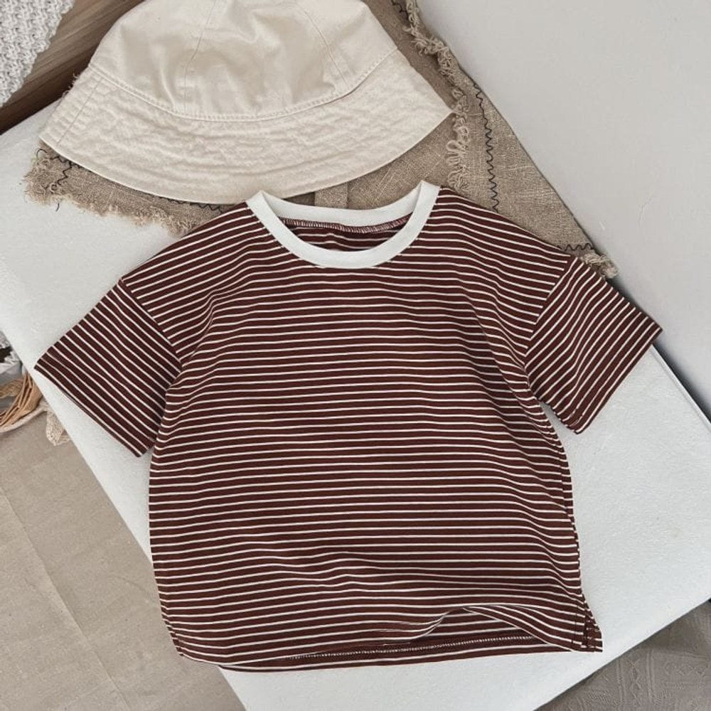 Baby Boy And Girl Striped Pattern Neck Color Matching Design O-Neck T-Shirt