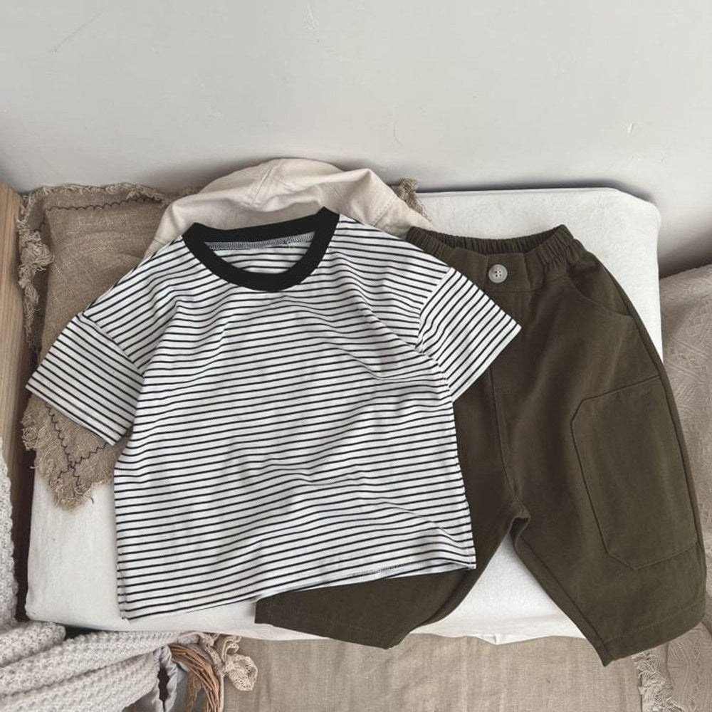 Baby Boy And Girl Striped Pattern Neck Color Matching Design O-Neck T-Shirt