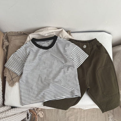 Baby Boy And Girl Striped Pattern Neck Color Matching Design O-Neck T-Shirt