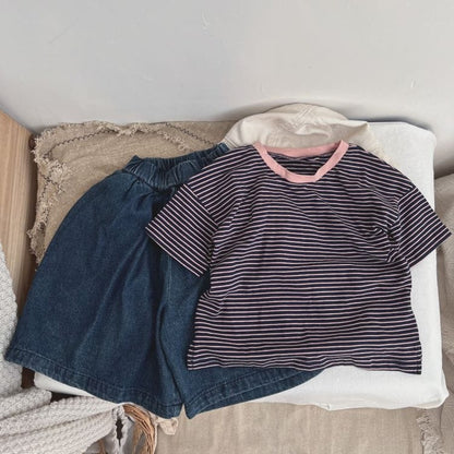 Baby Boy And Girl Striped Pattern Neck Color Matching Design O-Neck T-Shirt
